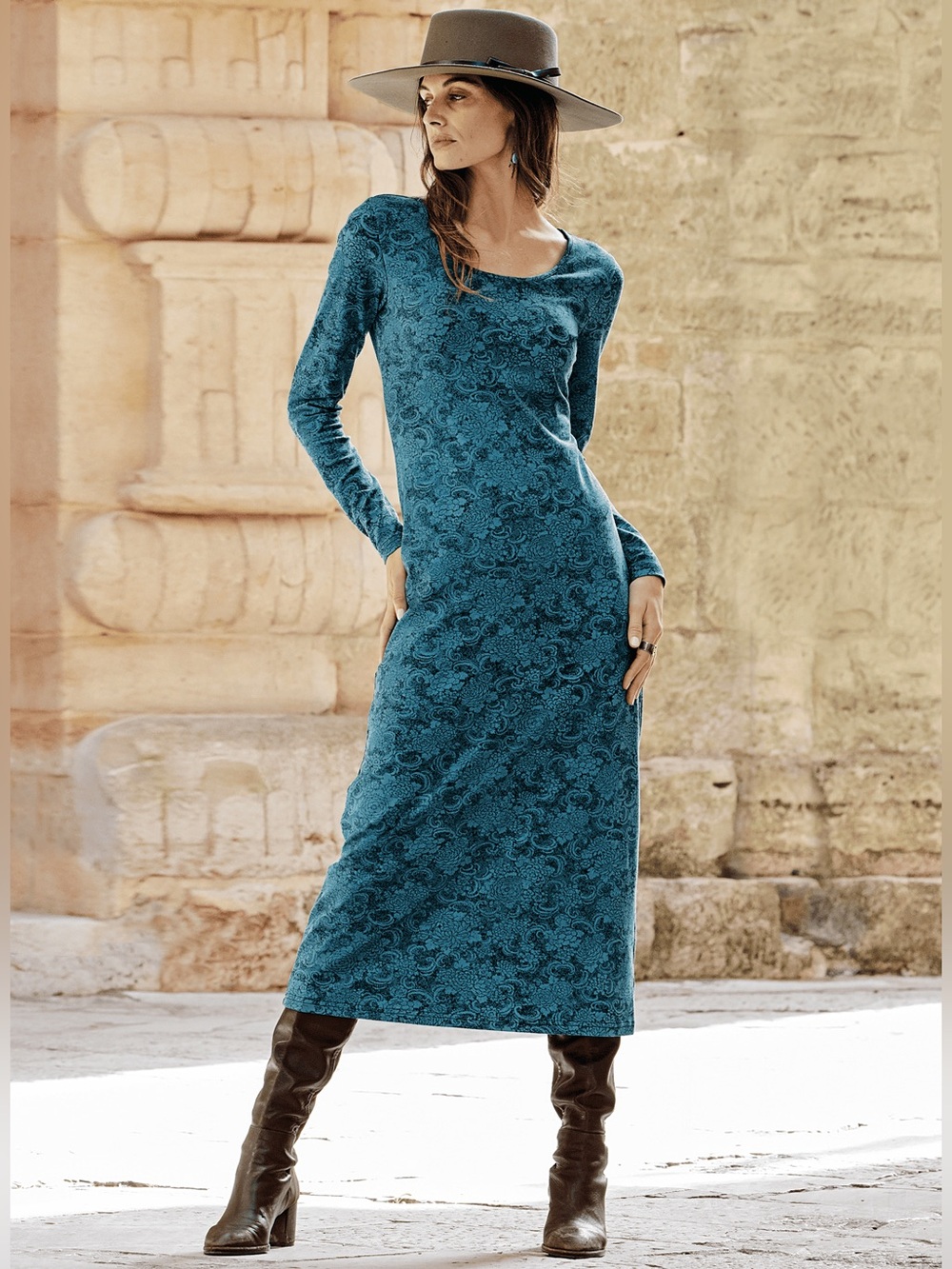 Peruvian Connection Midi Dress Teal Blue & Black Floral Long-Sleeve A-line - Picture 3 of 11